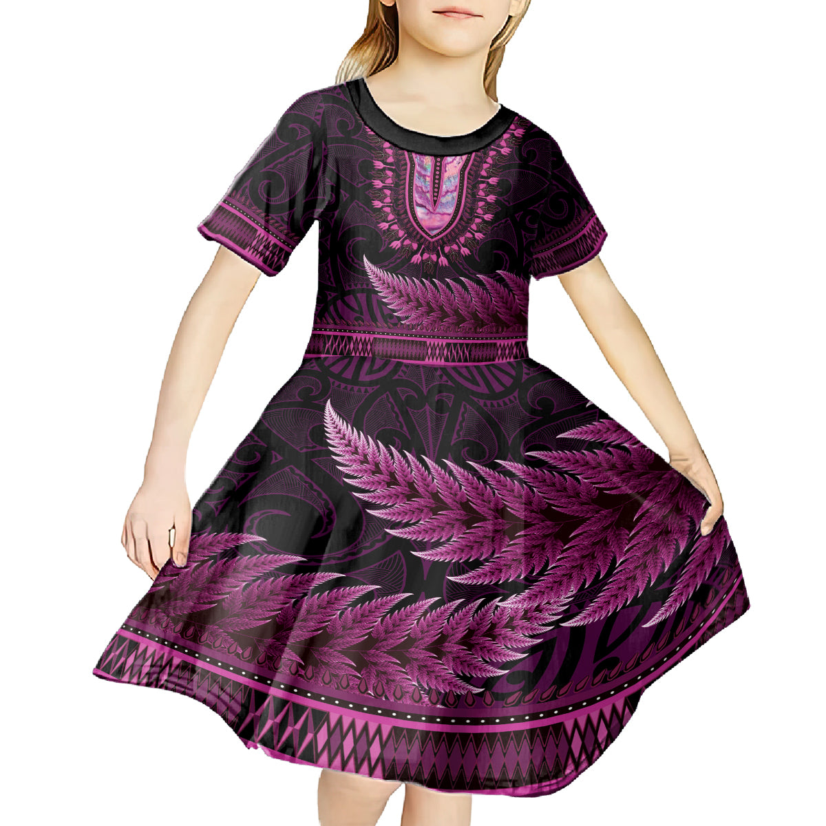 Pink African Dashiki With Aotearoa Maori Kid Short Sleeve Dress Paua Shell Mix Silver Fern LT14 - Polynesian Pride