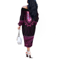 Pink African Dashiki With Aotearoa Maori Off The Shoulder Long Sleeve Dress Paua Shell Mix Silver Fern LT14 - Polynesian Pride