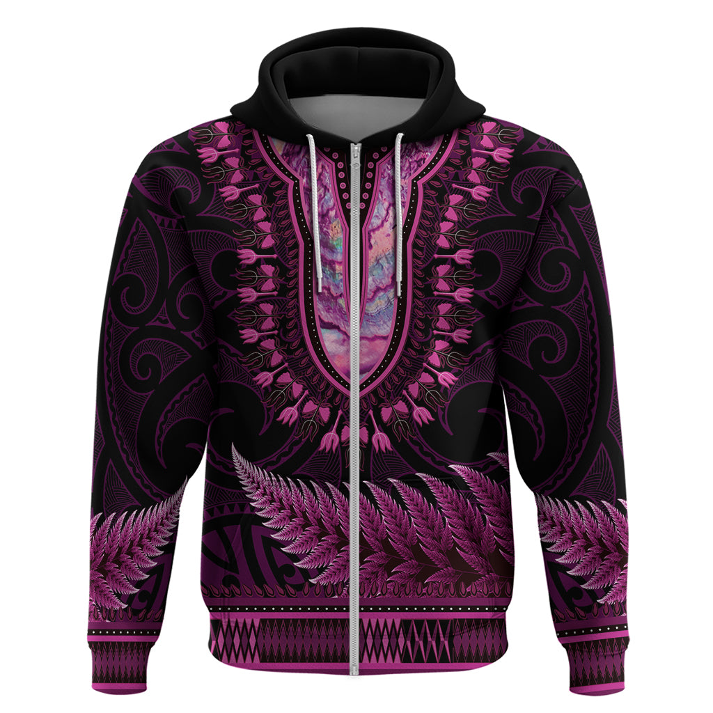 Pink African Dashiki With Aotearoa Maori Zip Hoodie Paua Shell Mix Silver Fern LT14 Zip Hoodie Pink - Polynesian Pride