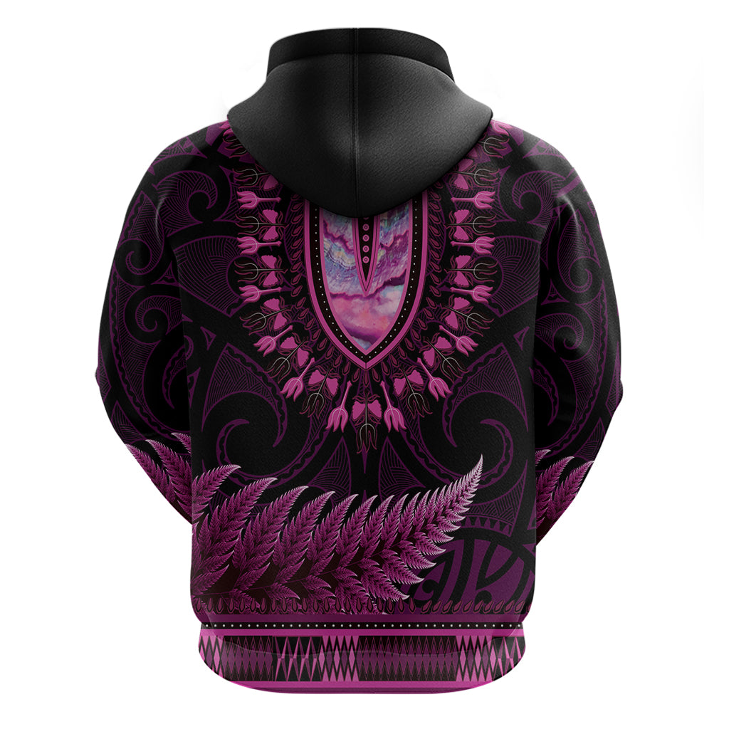 Pink African Dashiki With Aotearoa Maori Zip Hoodie Paua Shell Mix Silver Fern LT14 - Polynesian Pride