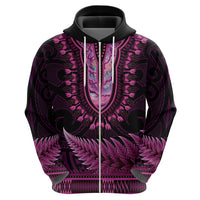 Pink African Dashiki With Aotearoa Maori Zip Hoodie Paua Shell Mix Silver Fern LT14 - Polynesian Pride