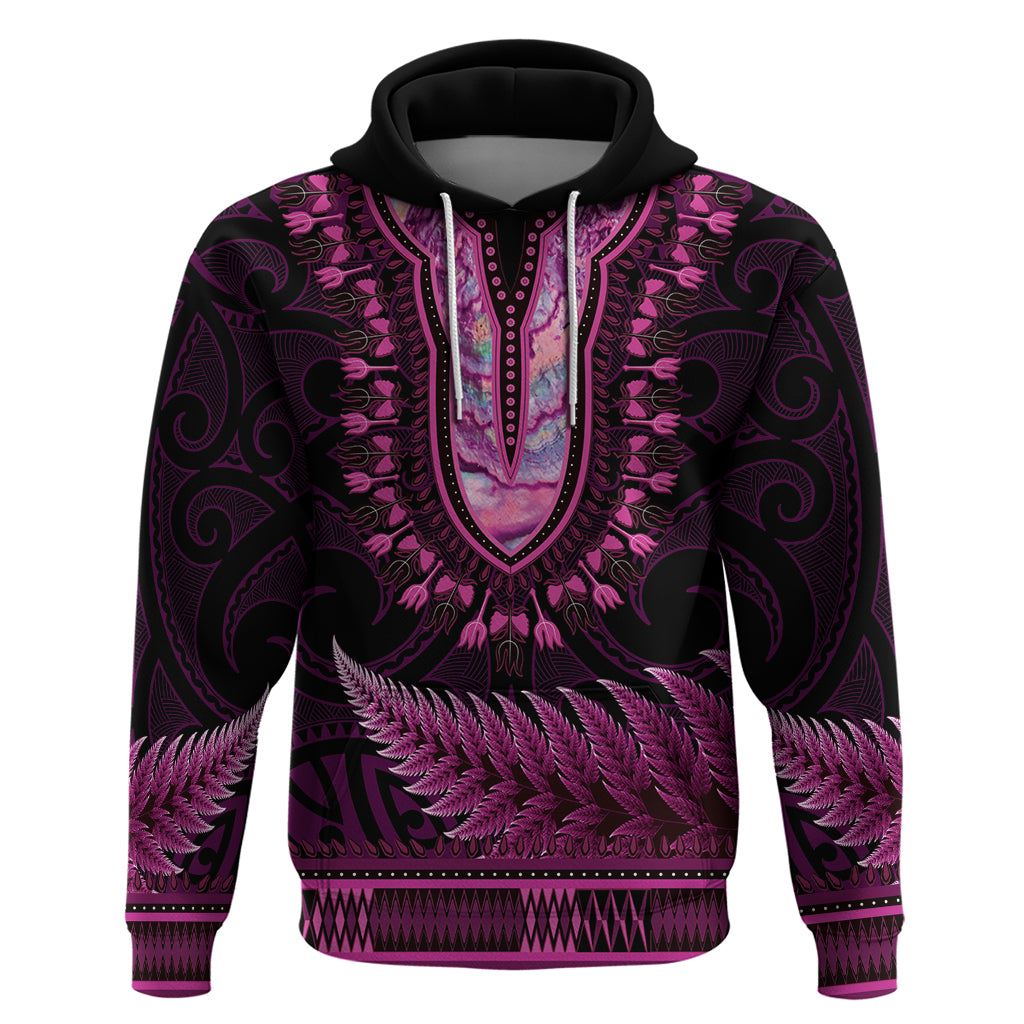 Pink African Dashiki With Aotearoa Maori Zip Hoodie Paua Shell Mix Silver Fern LT14 Pullover Hoodie Pink - Polynesian Pride