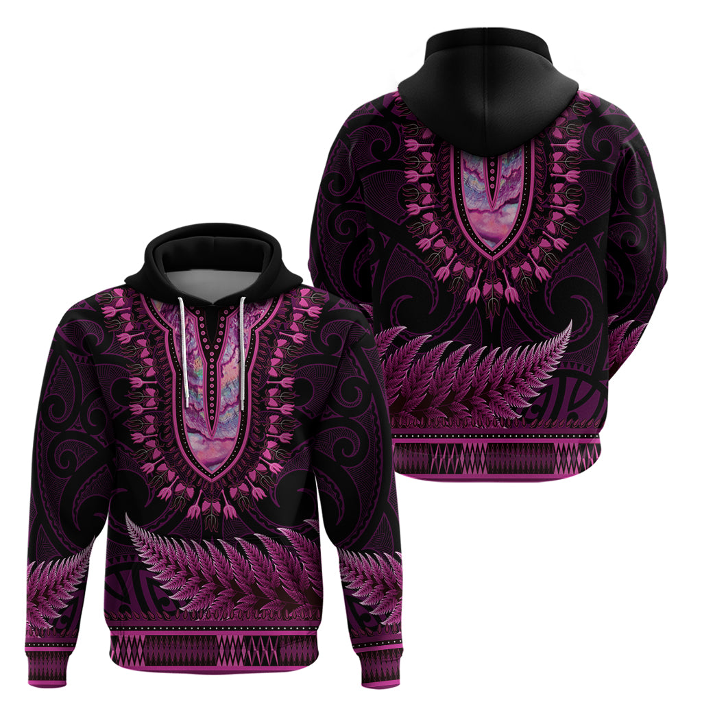 Pink African Dashiki With Aotearoa Maori Zip Hoodie Paua Shell Mix Silver Fern LT14 - Polynesian Pride