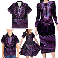 Purple African Dashiki With Aotearoa Maori Family Matching Long Sleeve Bodycon Dress and Hawaiian Shirt Paua Shell Mix Silver Fern LT14 - Polynesian Pride