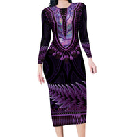 Purple African Dashiki With Aotearoa Maori Family Matching Long Sleeve Bodycon Dress and Hawaiian Shirt Paua Shell Mix Silver Fern LT14 Mom's Dress Purple - Polynesian Pride