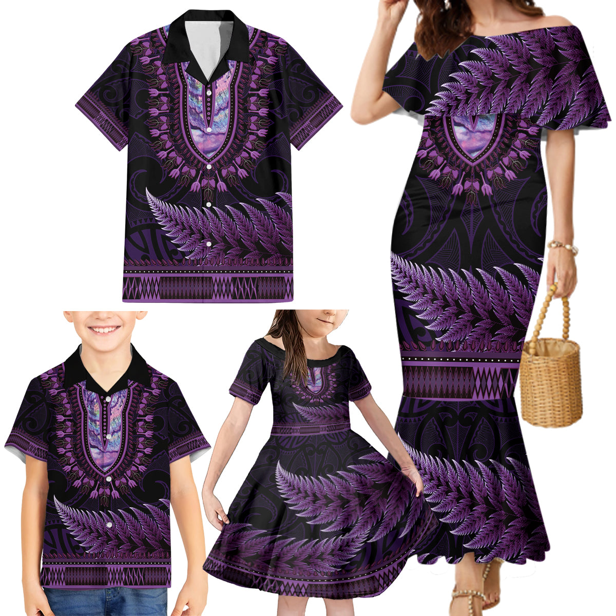 Purple African Dashiki With Aotearoa Maori Family Matching Mermaid Dress and Hawaiian Shirt Paua Shell Mix Silver Fern LT14 - Polynesian Pride