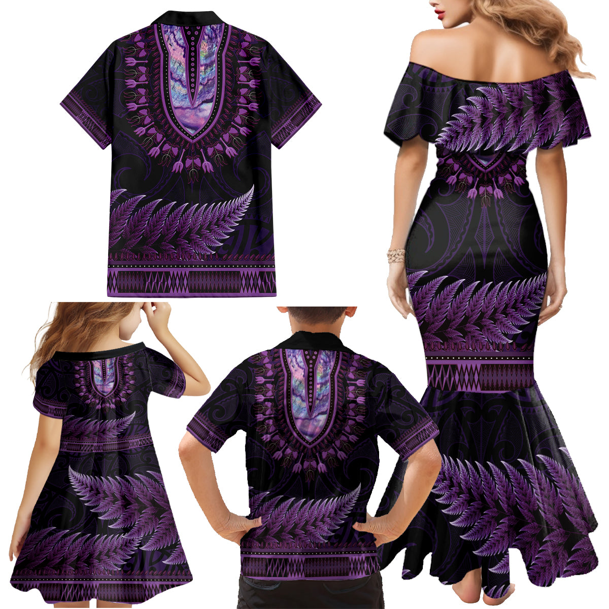 Purple African Dashiki With Aotearoa Maori Family Matching Mermaid Dress and Hawaiian Shirt Paua Shell Mix Silver Fern LT14 - Polynesian Pride