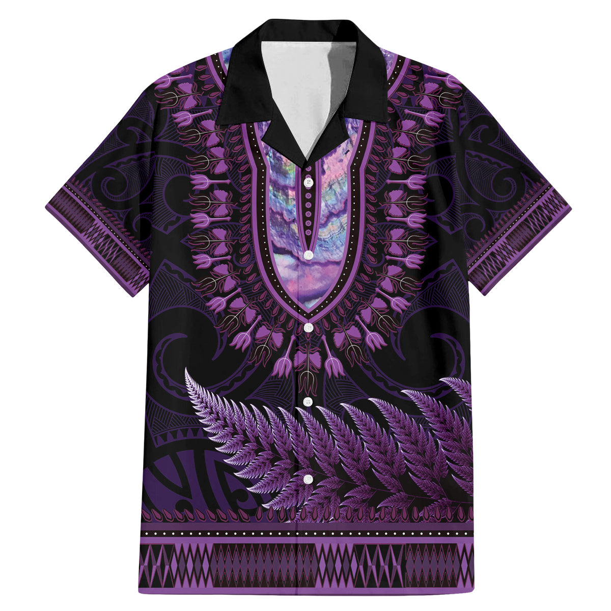 Purple African Dashiki With Aotearoa Maori Family Matching Mermaid Dress and Hawaiian Shirt Paua Shell Mix Silver Fern LT14 Dad's Shirt - Short Sleeve Purple - Polynesian Pride