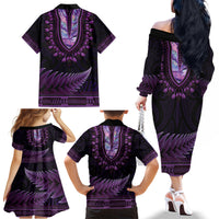 Purple African Dashiki With Aotearoa Maori Family Matching Off The Shoulder Long Sleeve Dress and Hawaiian Shirt Paua Shell Mix Silver Fern LT14 - Polynesian Pride