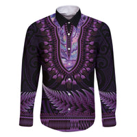 Purple African Dashiki With Aotearoa Maori Family Matching Off The Shoulder Long Sleeve Dress and Hawaiian Shirt Paua Shell Mix Silver Fern LT14 Dad's Shirt - Long Sleeve Purple - Polynesian Pride