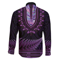 Purple African Dashiki With Aotearoa Maori Family Matching Off The Shoulder Long Sleeve Dress and Hawaiian Shirt Paua Shell Mix Silver Fern LT14 - Polynesian Pride