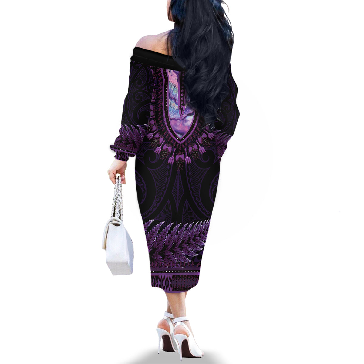 Purple African Dashiki With Aotearoa Maori Family Matching Off The Shoulder Long Sleeve Dress and Hawaiian Shirt Paua Shell Mix Silver Fern LT14 - Polynesian Pride