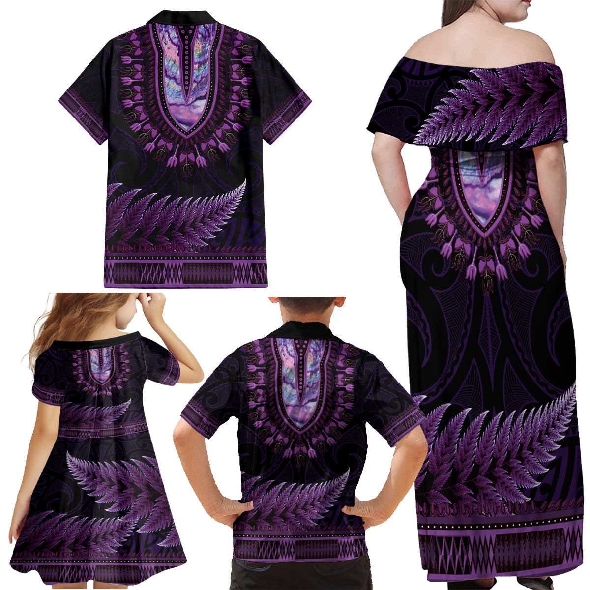 Purple African Dashiki With Aotearoa Maori Family Matching Off Shoulder Maxi Dress and Hawaiian Shirt Paua Shell Mix Silver Fern LT14 - Polynesian Pride