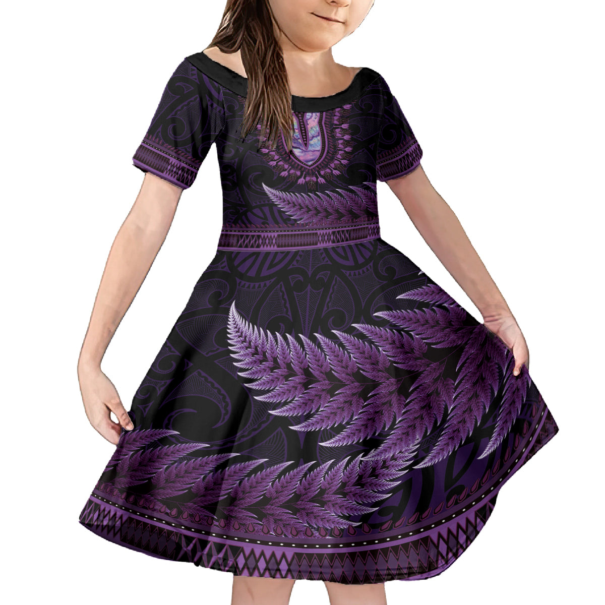 Purple African Dashiki With Aotearoa Maori Family Matching Off Shoulder Short Dress and Hawaiian Shirt Paua Shell Mix Silver Fern LT14 Daughter's Dress Purple - Polynesian Pride