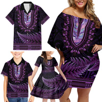 Purple African Dashiki With Aotearoa Maori Family Matching Off Shoulder Short Dress and Hawaiian Shirt Paua Shell Mix Silver Fern LT14 - Polynesian Pride