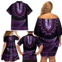 Purple African Dashiki With Aotearoa Maori Family Matching Off Shoulder Short Dress and Hawaiian Shirt Paua Shell Mix Silver Fern LT14 - Polynesian Pride