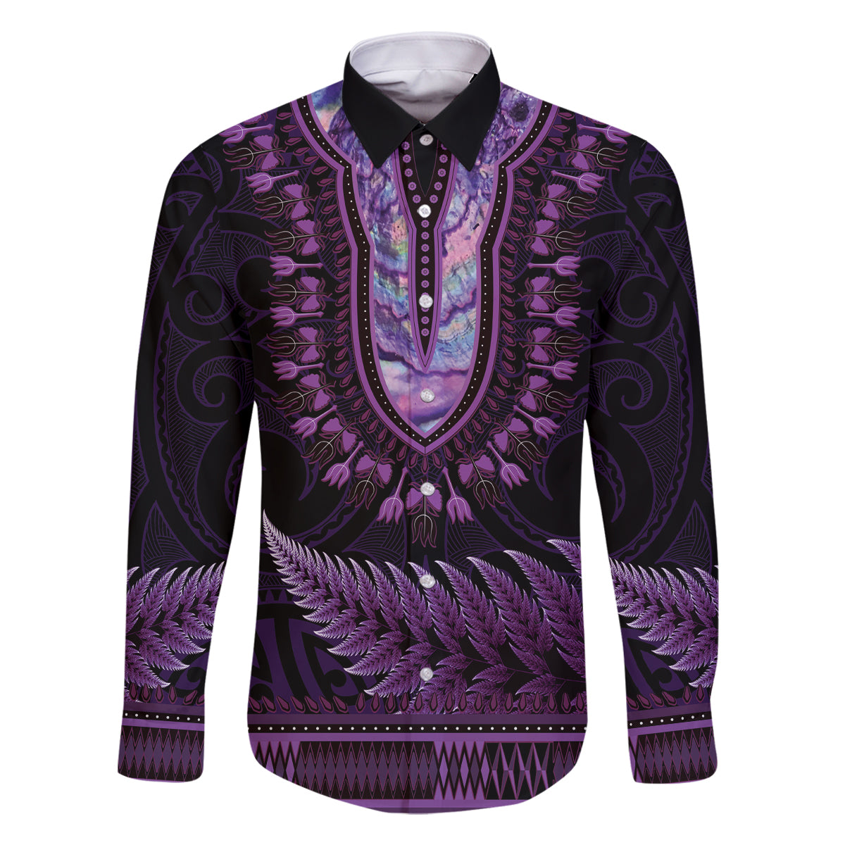 Purple African Dashiki With Aotearoa Maori Family Matching Off Shoulder Short Dress and Hawaiian Shirt Paua Shell Mix Silver Fern LT14 Dad's Shirt - Long Sleeve Purple - Polynesian Pride