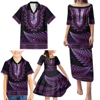 Purple African Dashiki With Aotearoa Maori Family Matching Puletasi and Hawaiian Shirt Paua Shell Mix Silver Fern LT14 - Polynesian Pride