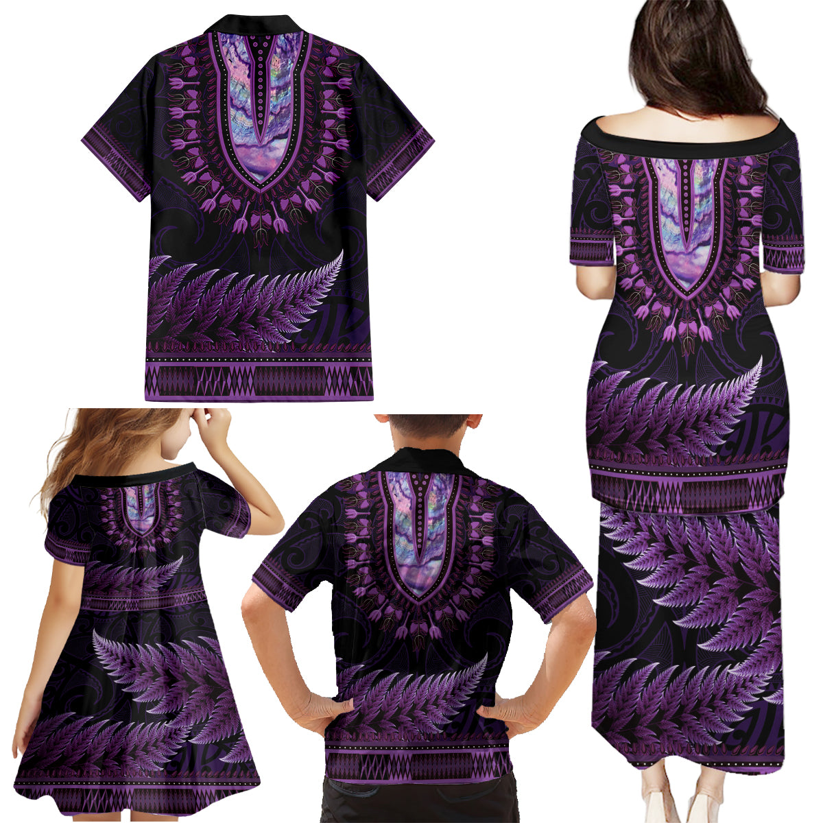 Purple African Dashiki With Aotearoa Maori Family Matching Puletasi and Hawaiian Shirt Paua Shell Mix Silver Fern LT14 - Polynesian Pride