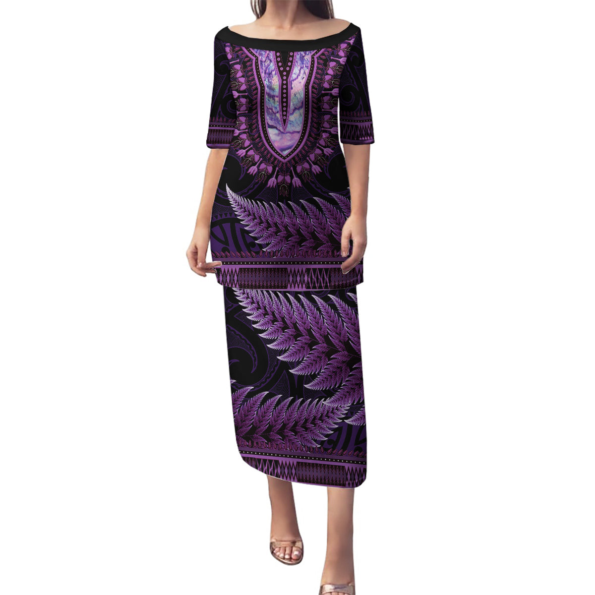 Purple African Dashiki With Aotearoa Maori Family Matching Puletasi and Hawaiian Shirt Paua Shell Mix Silver Fern LT14 Mom's Dress Purple - Polynesian Pride