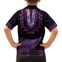Purple African Dashiki With Aotearoa Maori Family Matching Short Sleeve Bodycon Dress and Hawaiian Shirt Paua Shell Mix Silver Fern LT14 - Polynesian Pride