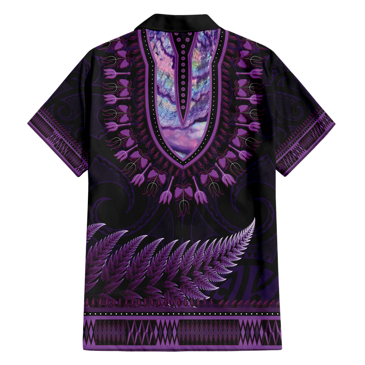 Purple African Dashiki With Aotearoa Maori Family Matching Short Sleeve Bodycon Dress and Hawaiian Shirt Paua Shell Mix Silver Fern LT14 - Polynesian Pride