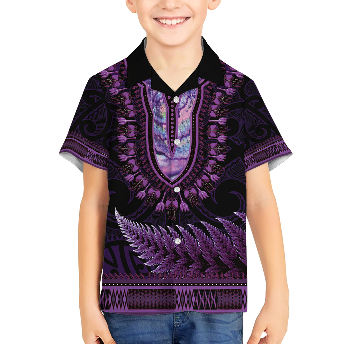 Purple African Dashiki With Aotearoa Maori Family Matching Short Sleeve Bodycon Dress and Hawaiian Shirt Paua Shell Mix Silver Fern LT14 Son's Shirt Purple - Polynesian Pride
