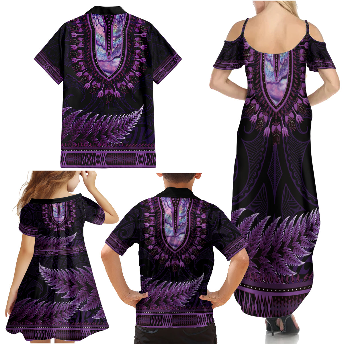 Purple African Dashiki With Aotearoa Maori Family Matching Summer Maxi Dress and Hawaiian Shirt Paua Shell Mix Silver Fern LT14 - Polynesian Pride