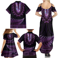 Purple African Dashiki With Aotearoa Maori Family Matching Summer Maxi Dress and Hawaiian Shirt Paua Shell Mix Silver Fern LT14 - Polynesian Pride