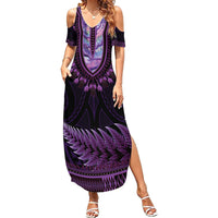 Purple African Dashiki With Aotearoa Maori Family Matching Summer Maxi Dress and Hawaiian Shirt Paua Shell Mix Silver Fern LT14 Mom's Dress Purple - Polynesian Pride