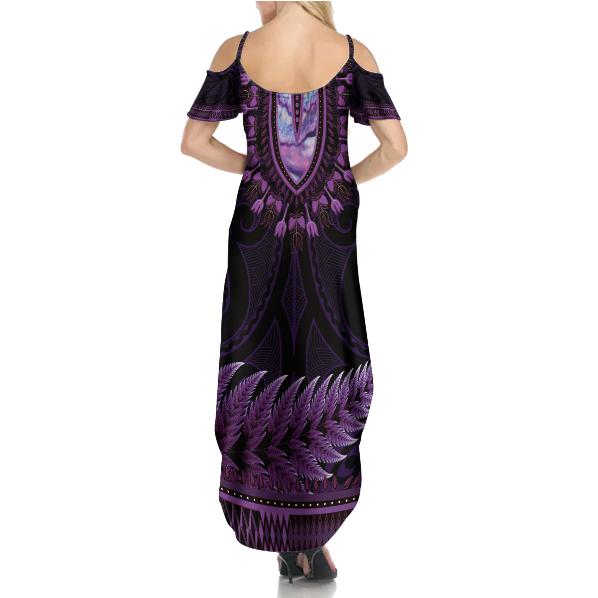 Purple African Dashiki With Aotearoa Maori Family Matching Summer Maxi Dress and Hawaiian Shirt Paua Shell Mix Silver Fern LT14 - Polynesian Pride