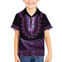 Purple African Dashiki With Aotearoa Maori Family Matching Summer Maxi Dress and Hawaiian Shirt Paua Shell Mix Silver Fern LT14 Son's Shirt Purple - Polynesian Pride