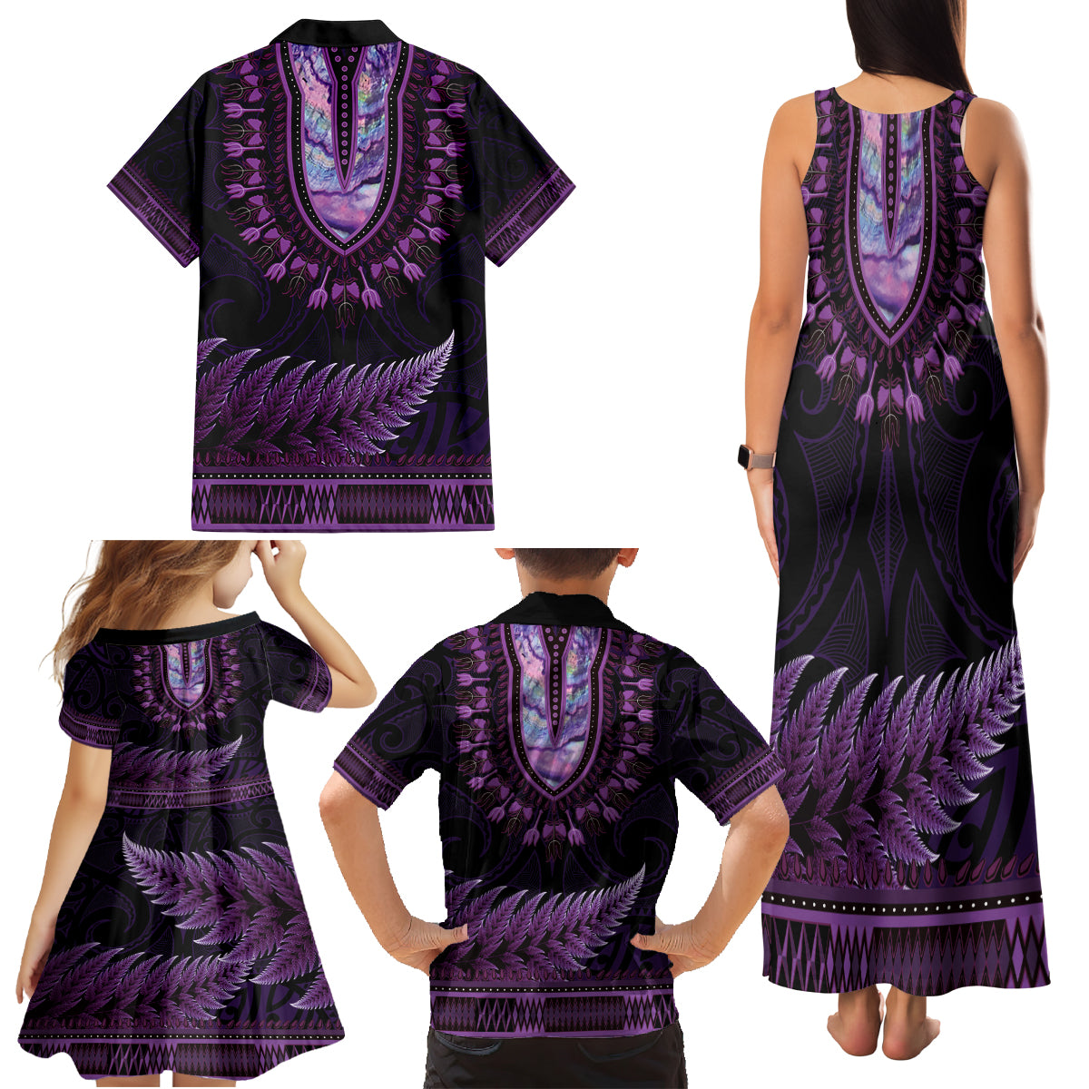 Purple African Dashiki With Aotearoa Maori Family Matching Tank Maxi Dress and Hawaiian Shirt Paua Shell Mix Silver Fern LT14 - Polynesian Pride