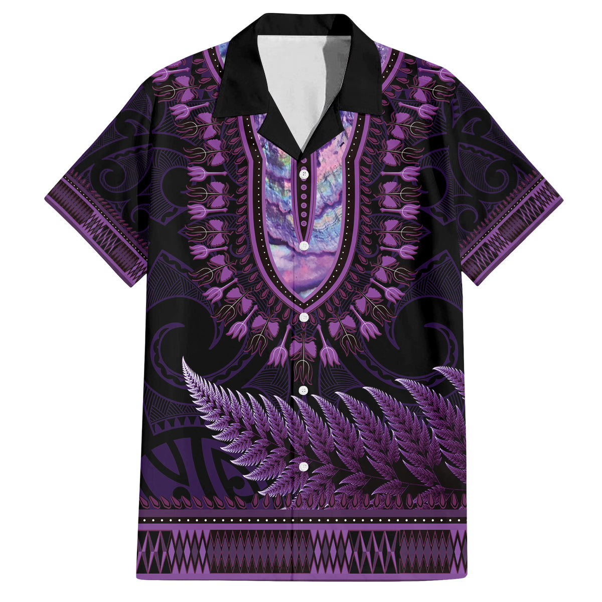 Purple African Dashiki With Aotearoa Maori Family Matching Tank Maxi Dress and Hawaiian Shirt Paua Shell Mix Silver Fern LT14 Dad's Shirt - Short Sleeve Purple - Polynesian Pride