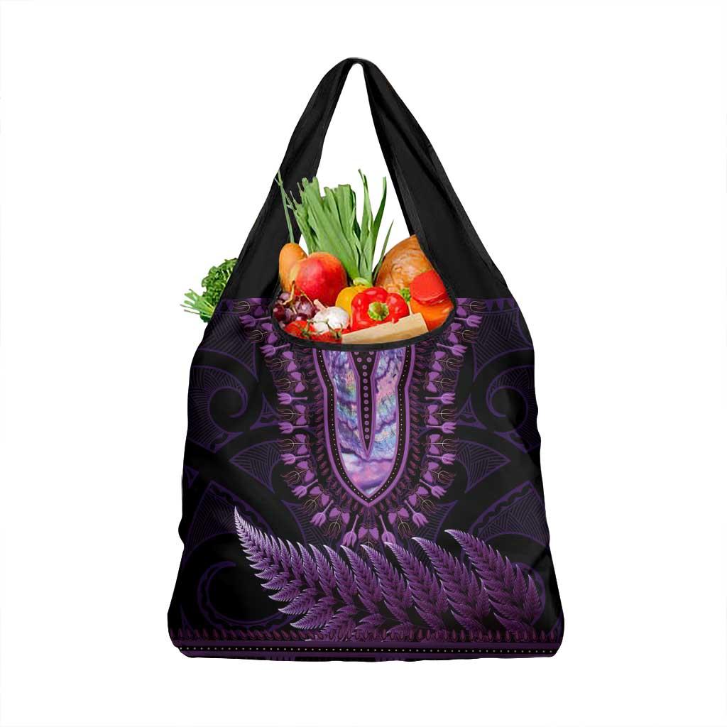 Purple African Dashiki With Aotearoa Maori Grocery Bag Paua Shell Mix Silver Fern