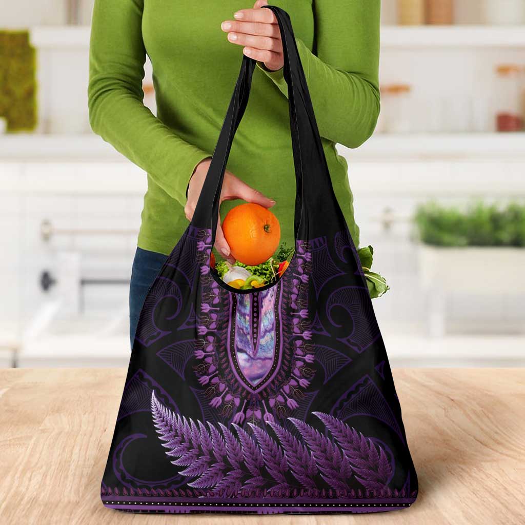 Purple African Dashiki With Aotearoa Maori Grocery Bag Paua Shell Mix Silver Fern