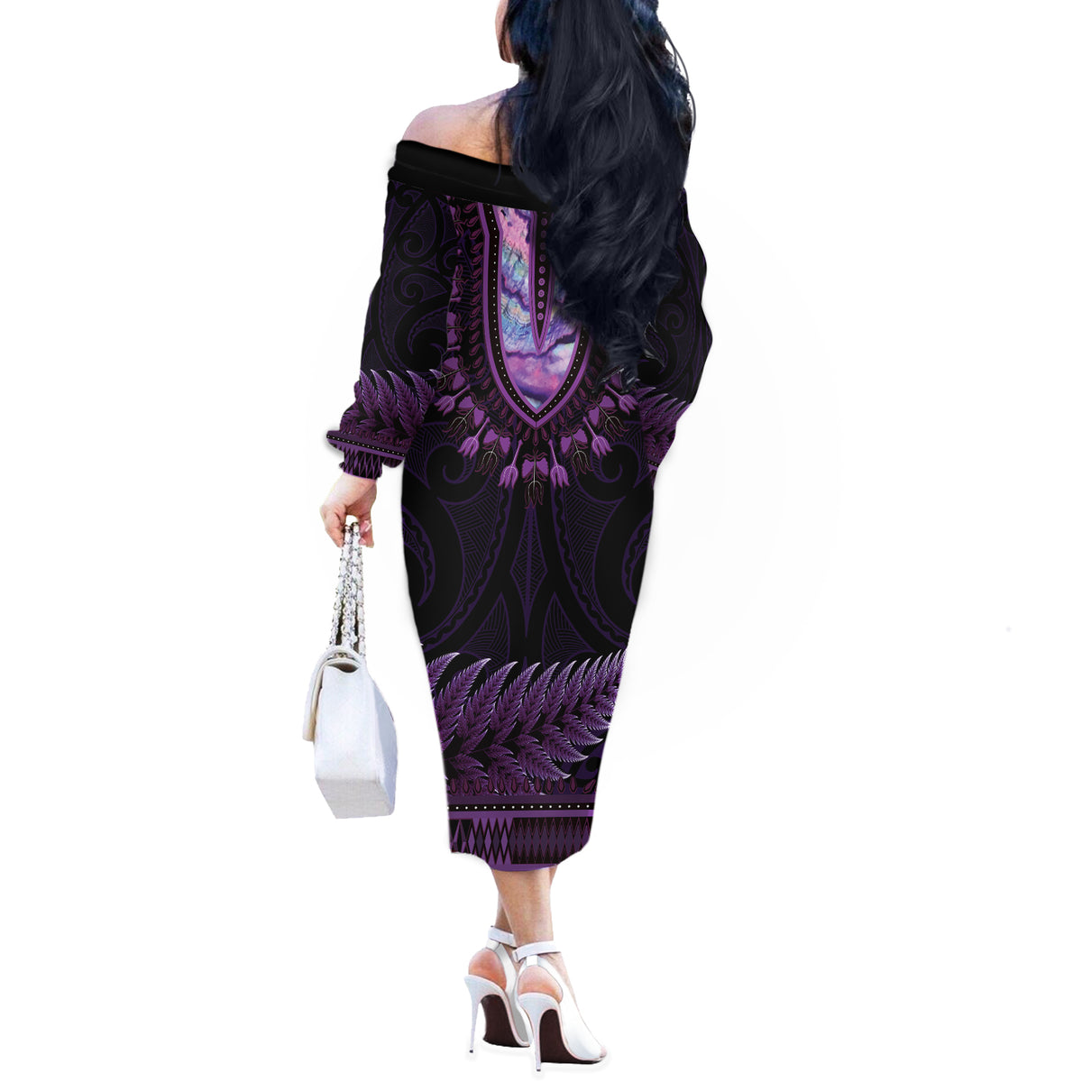 Purple African Dashiki With Aotearoa Maori Off The Shoulder Long Sleeve Dress Paua Shell Mix Silver Fern LT14 - Polynesian Pride