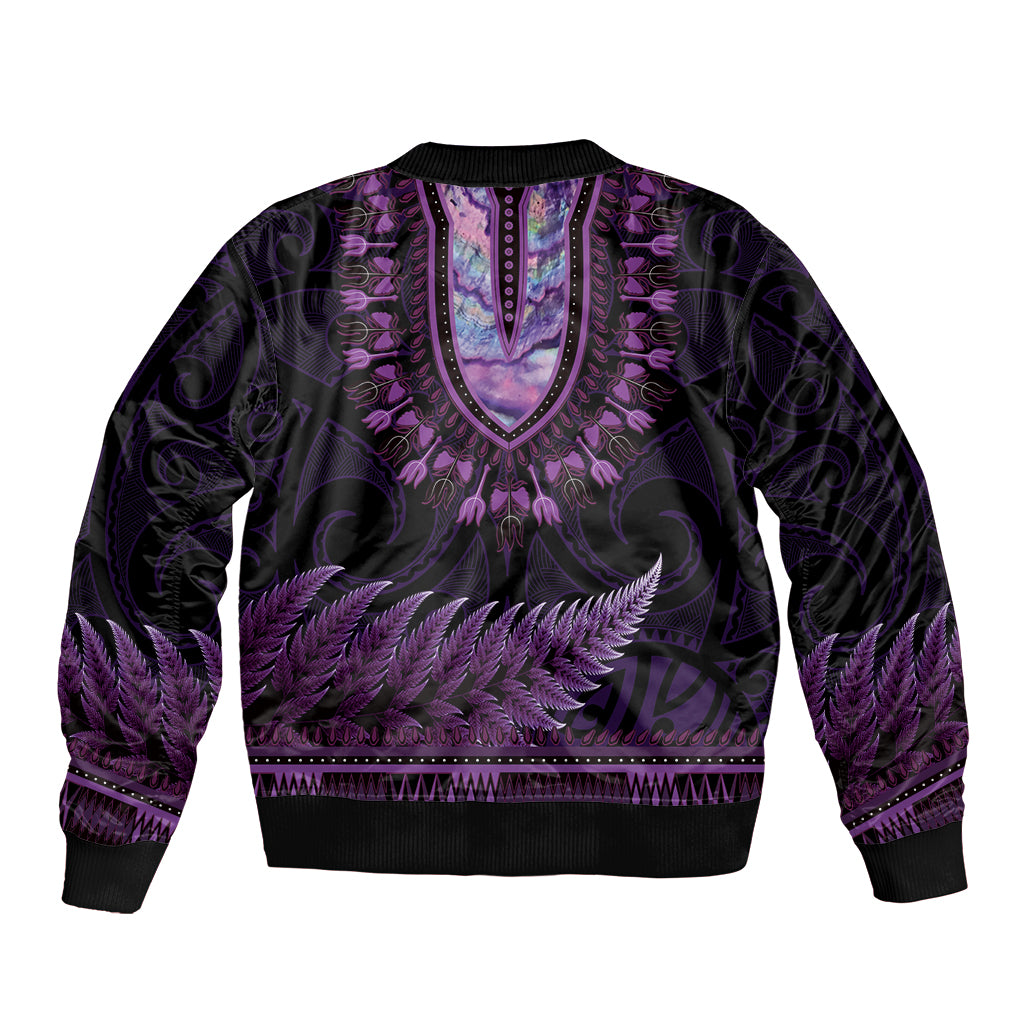 Purple African Dashiki With Aotearoa Maori Sleeve Zip Bomber Jacket Paua Shell Mix Silver Fern LT14 - Polynesian Pride