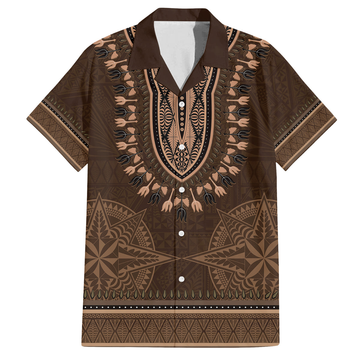 Brown African Dashiki With Tonga Ngatu Pattern Family Matching Long Sleeve Bodycon Dress and Hawaiian Shirt