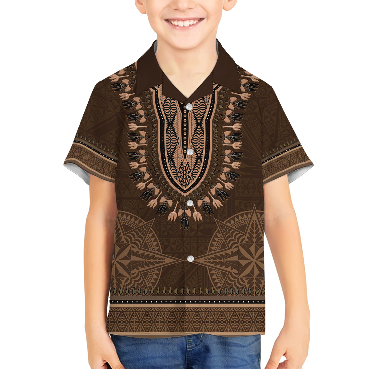 Brown African Dashiki With Tonga Ngatu Pattern Family Matching Off The Shoulder Long Sleeve Dress and Hawaiian Shirt