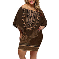 Brown African Dashiki With Tonga Ngatu Pattern Family Matching Off Shoulder Short Dress and Hawaiian Shirt