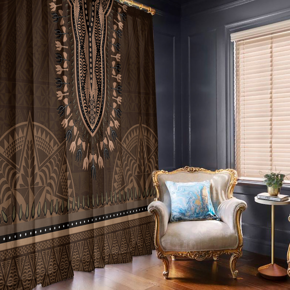 Brown African Dashiki With Tonga Ngatu Pattern Window Curtain
