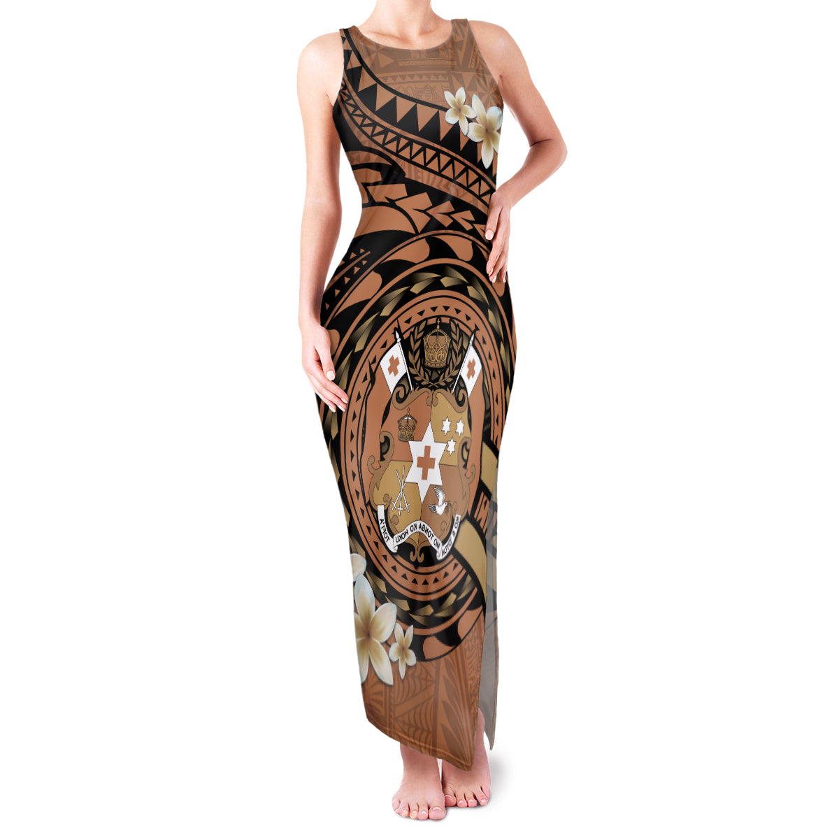 Personalised Tonga Emancipation Day Family Matching Tank Maxi Dress and Hawaiian Shirt Tongan Ngatu Pattern - Brown Version