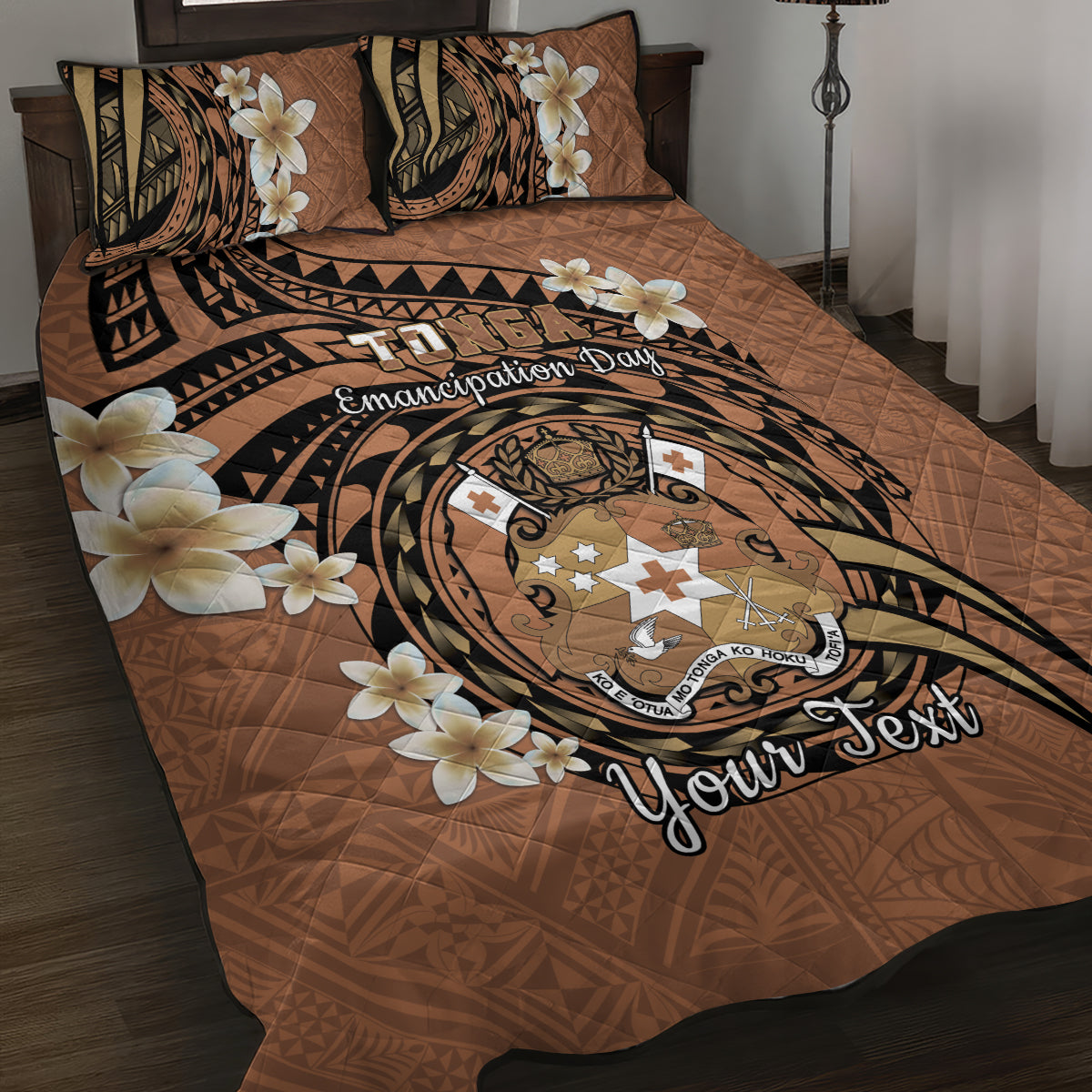Personalised Tonga Emancipation Day Quilt Bed Set Tongan Ngatu Pattern - Brown Version LT14 Brown - Polynesian Pride