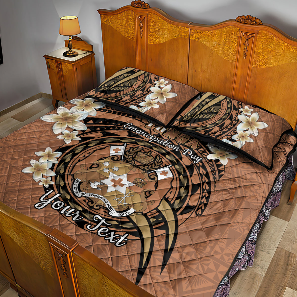 Personalised Tonga Emancipation Day Quilt Bed Set Tongan Ngatu Pattern - Brown Version LT14 - Polynesian Pride