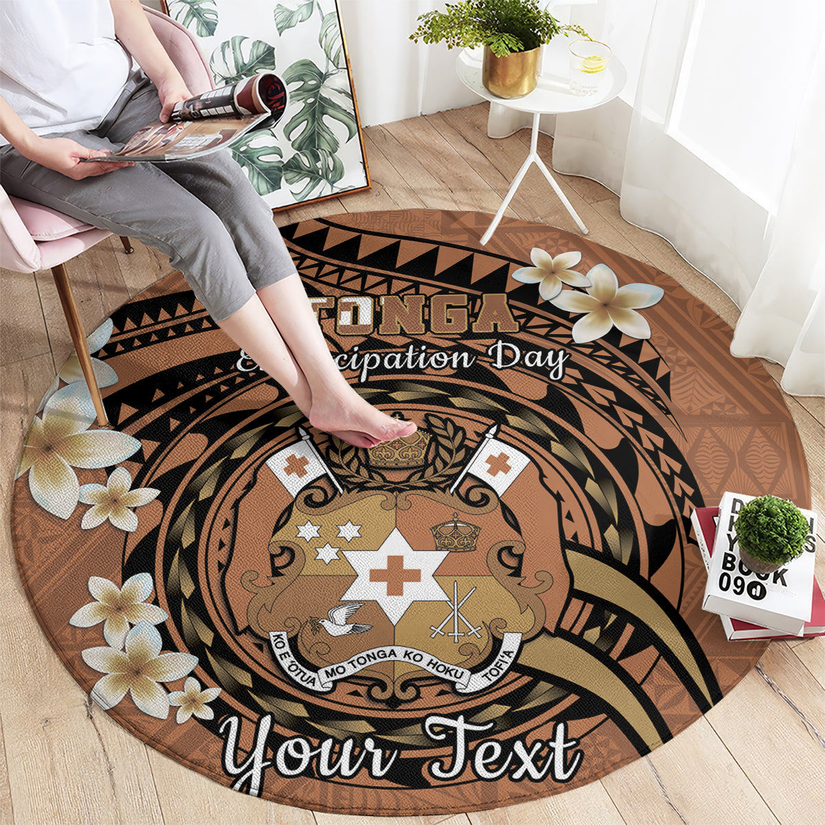 Personalised Tonga Emancipation Day Round Carpet Tongan Ngatu Pattern - Brown Version LT14 - Polynesian Pride