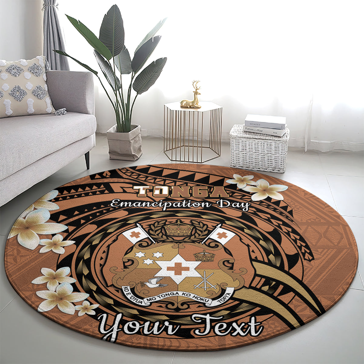 Personalised Tonga Emancipation Day Round Carpet Tongan Ngatu Pattern - Brown Version LT14 - Polynesian Pride