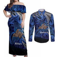 New Zealand Stewart Island Couples Matching Off Shoulder Maxi Dress and Long Sleeve Button Shirt Rakiura Kiwi Maori Glowing Sky LT14 Blue - Polynesian Pride