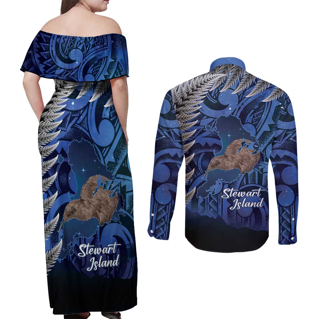 New Zealand Stewart Island Couples Matching Off Shoulder Maxi Dress and Long Sleeve Button Shirt Rakiura Kiwi Maori Glowing Sky LT14 - Polynesian Pride