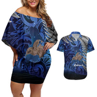 New Zealand Stewart Island Couples Matching Off Shoulder Short Dress and Hawaiian Shirt Rakiura Kiwi Maori Glowing Sky LT14 Blue - Polynesian Pride